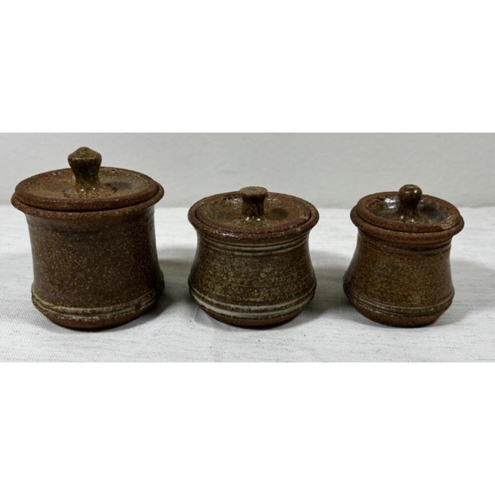 Lindsey Craft Pottery Lidded Jar Set Rustic Brown Stoneware Signed
